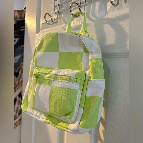 NEW NWT ๐๐ค lime green white checkered flag backpack ๐ handbag purse small - Picture 2 of 9